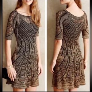 Anthropologie Black and Tan Patterned Mini Dress